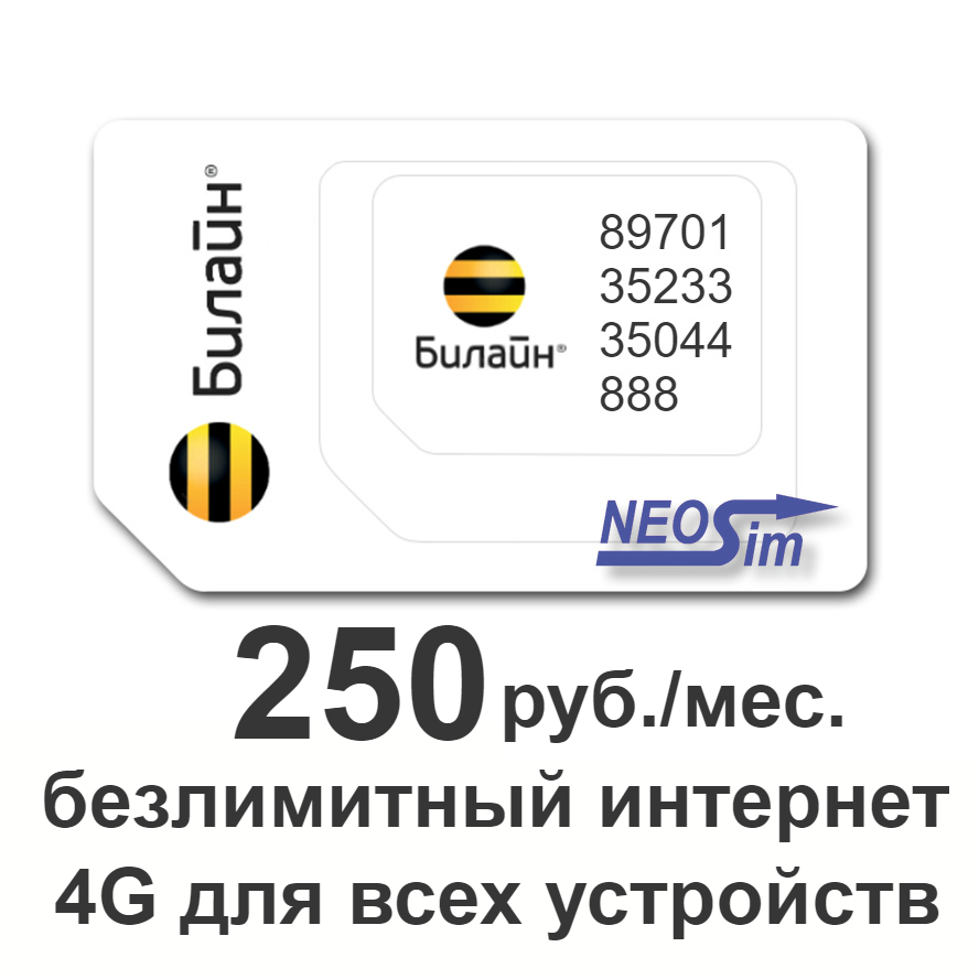 Купить сим-карту Билайн безлимитный 4G интернет за 250 руб./мес.  для всех устройств в интернет-магазине NeoSim.ru